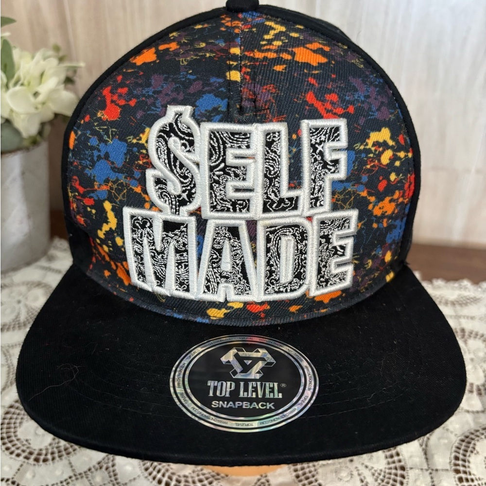Top Level Snapback Hat Black and White Colorful Paint Splatter